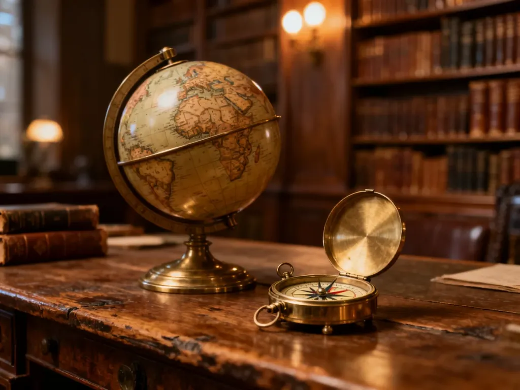 Mosiężny globus i zabytkowy kompas na drewnianym biurku w bibliotece, nawiązujące do tematyki podróży i geografii.