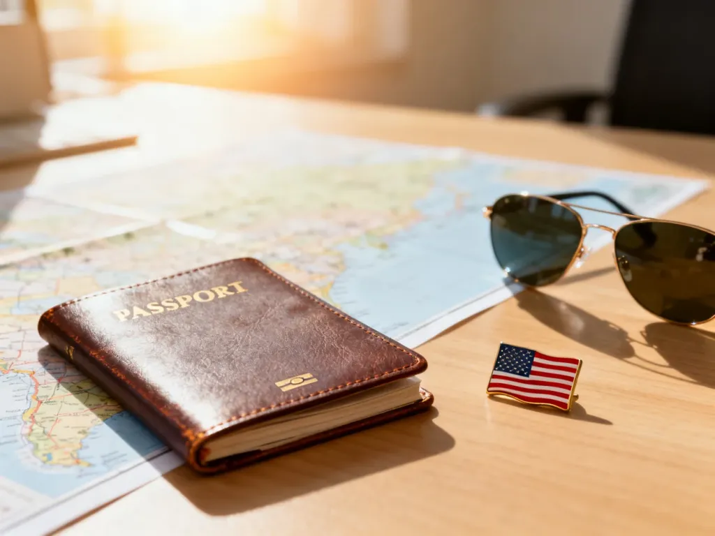 Zamknięty paszport, okulary przeciwsłoneczne i przypinka z flagą USA na drewnianym biurku, symbolizujące planowanie podróży.